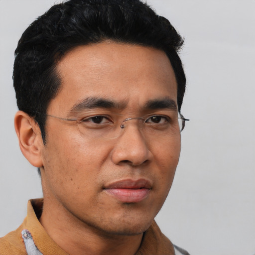 Neutral asian adult male with short  black hair and brown eyes