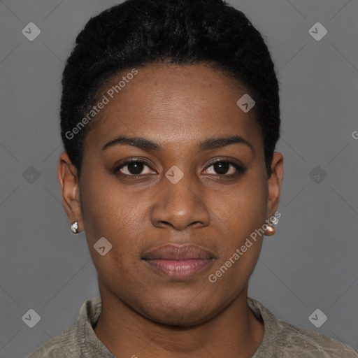 Joyful black young-adult female with short  black hair and brown eyes