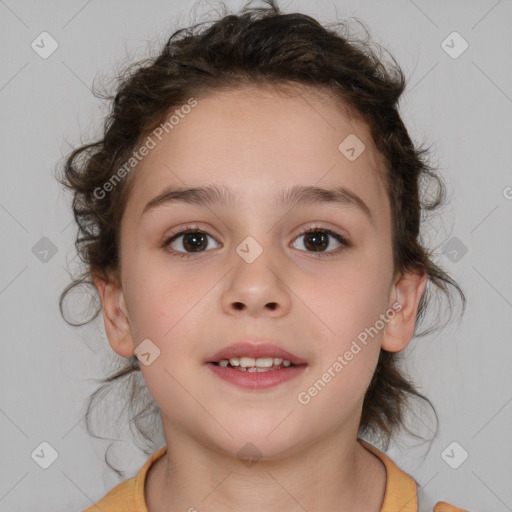 Joyful white child female with medium  brown hair and brown eyes