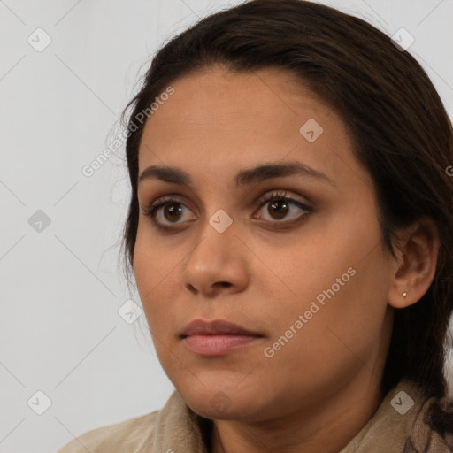 Neutral white young-adult female with medium  brown hair and brown eyes