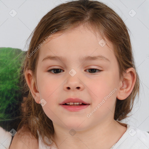 Joyful white child female with medium  brown hair and brown eyes