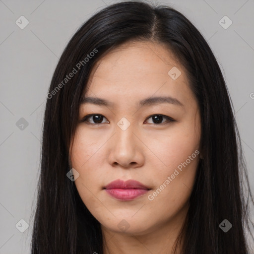 Neutral asian young-adult female with long  black hair and brown eyes