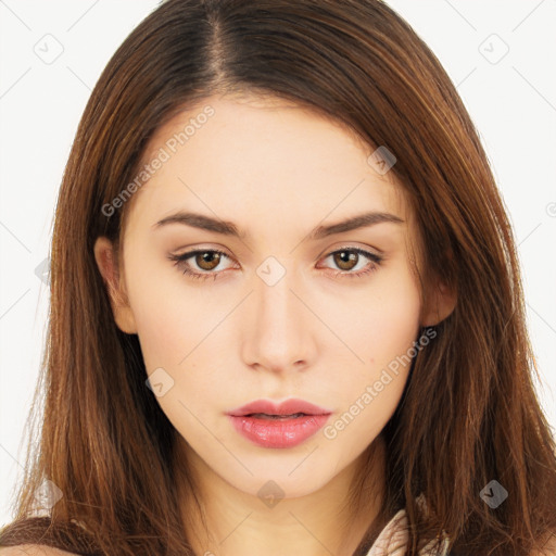 Neutral white young-adult female with long  brown hair and brown eyes