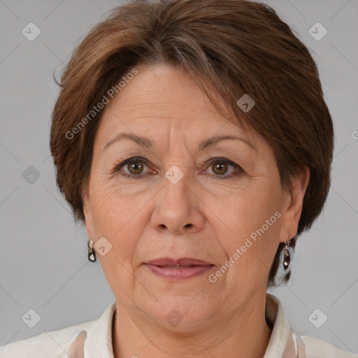 Joyful white middle-aged female with short  brown hair and brown eyes