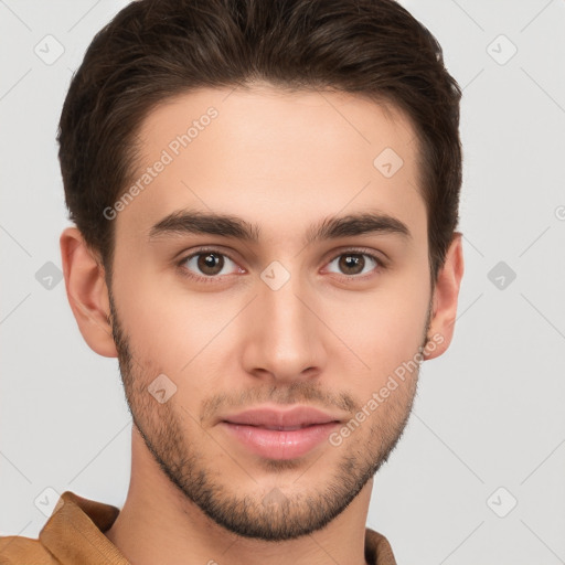 Neutral white young-adult male with short  brown hair and brown eyes