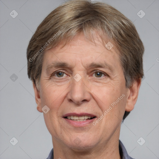 Joyful white middle-aged male with short  brown hair and brown eyes