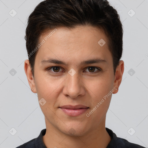 Joyful white young-adult female with short  brown hair and brown eyes