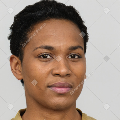 Joyful black young-adult female with short  brown hair and brown eyes