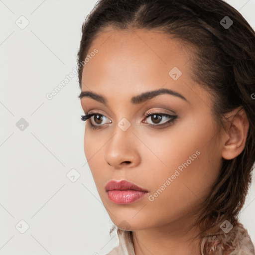 Neutral white young-adult female with long  brown hair and brown eyes