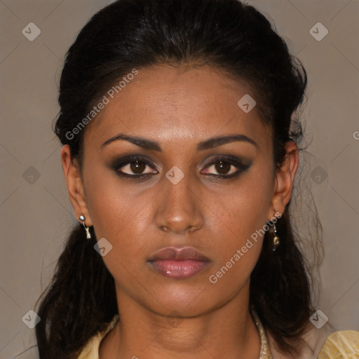 Neutral black young-adult female with long  brown hair and brown eyes