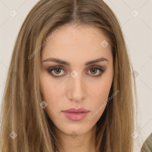 Neutral white young-adult female with long  brown hair and brown eyes