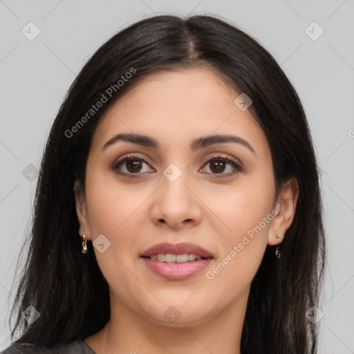 Joyful white young-adult female with long  brown hair and brown eyes