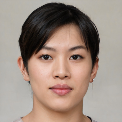 Neutral asian young-adult female with short  black hair and brown eyes