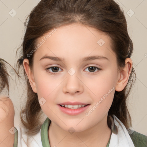 Joyful white child female with medium  brown hair and brown eyes