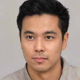 Neutral asian young-adult male with short  black hair and brown eyes