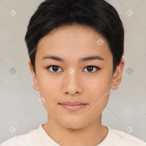 Neutral asian young-adult female with short  brown hair and brown eyes
