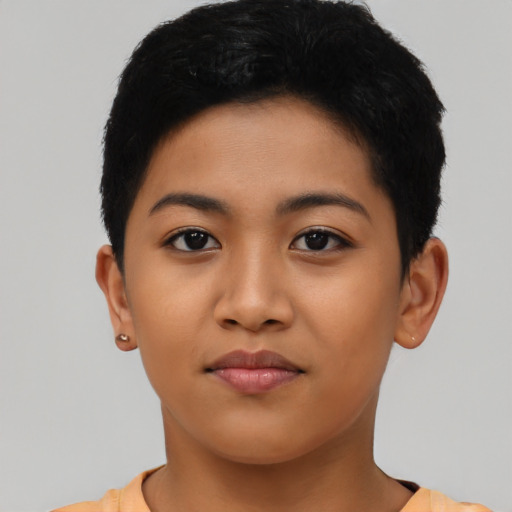 Neutral asian young-adult female with short  black hair and brown eyes
