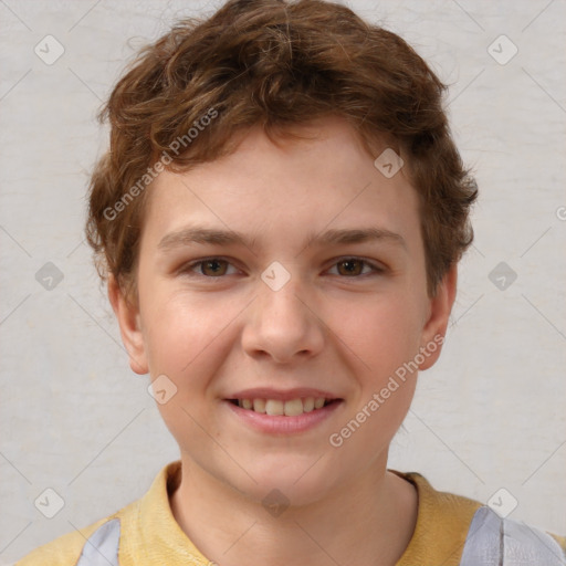 Joyful white child male with short  brown hair and brown eyes