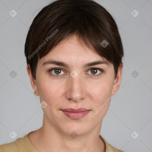 Joyful white young-adult female with short  brown hair and brown eyes