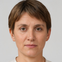 Joyful white adult female with short  brown hair and grey eyes