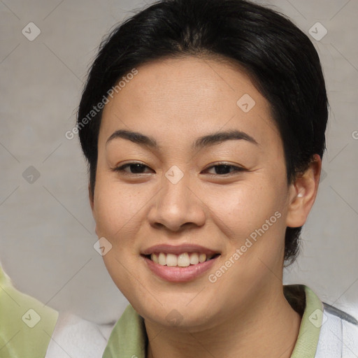 Joyful asian young-adult female with medium  brown hair and brown eyes