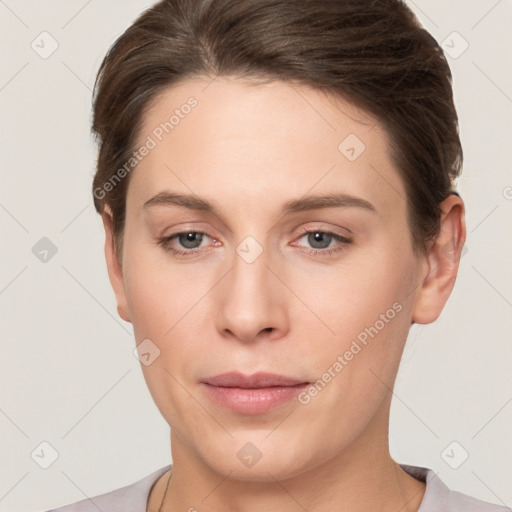 Neutral white young-adult female with short  brown hair and brown eyes