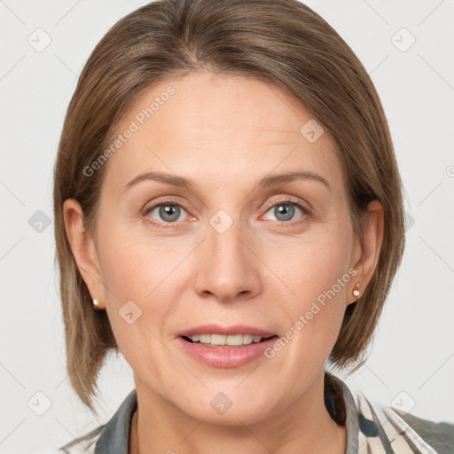 Joyful white adult female with medium  brown hair and grey eyes