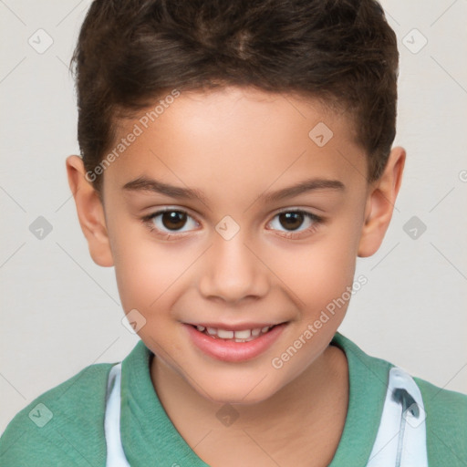 Joyful white child female with short  brown hair and brown eyes