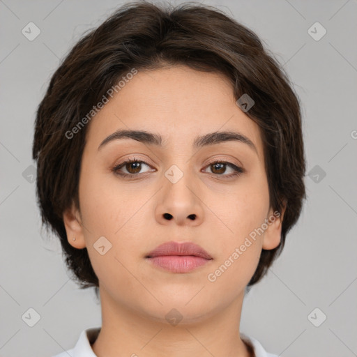 Neutral white young-adult female with medium  brown hair and brown eyes