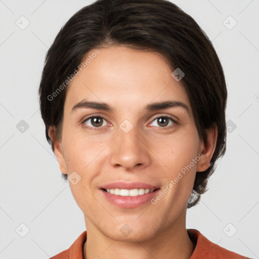 Joyful white young-adult female with short  brown hair and brown eyes