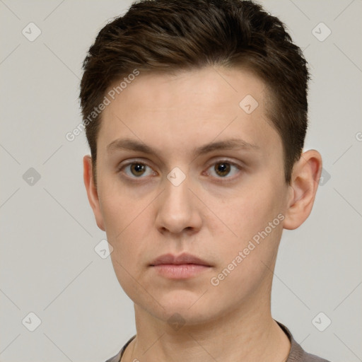 Neutral white young-adult male with short  brown hair and grey eyes