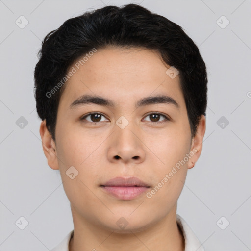 Neutral asian young-adult male with short  black hair and brown eyes