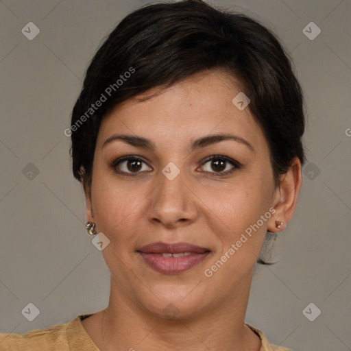 Joyful white young-adult female with short  brown hair and brown eyes