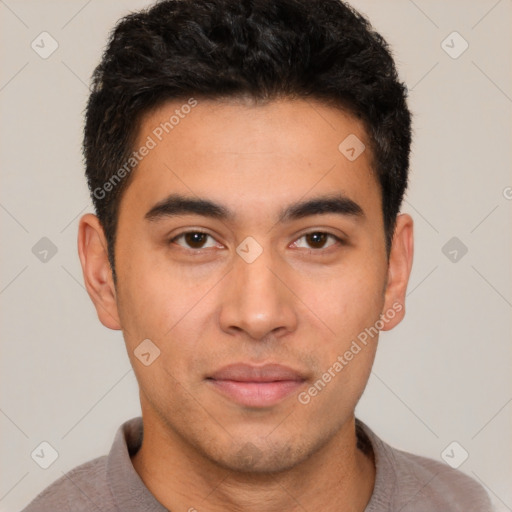 Neutral latino young-adult male with short  brown hair and brown eyes