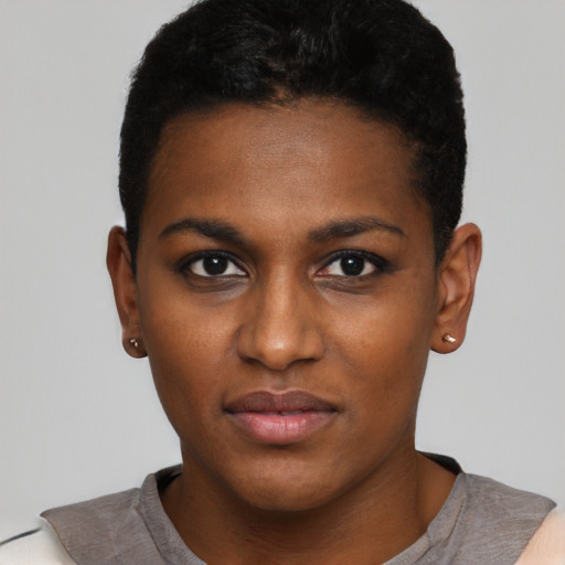 Neutral black young-adult female with short  black hair and brown eyes