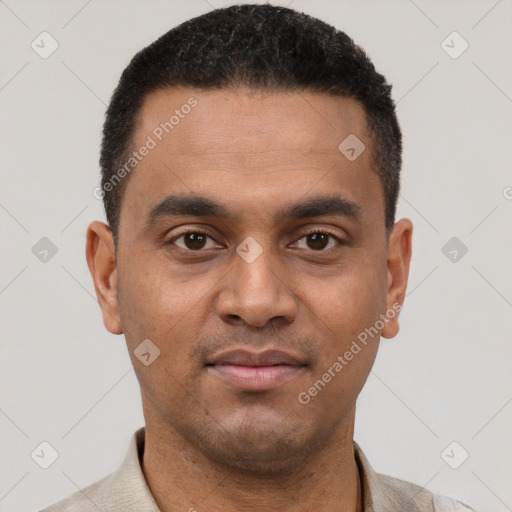 Neutral latino young-adult male with short  black hair and brown eyes