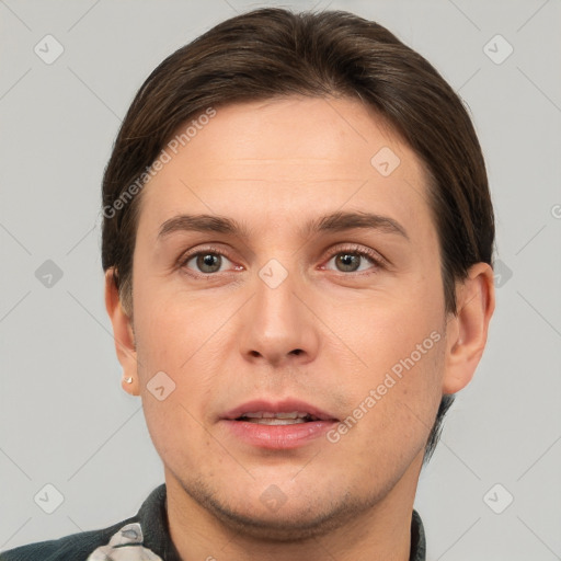 Neutral white young-adult male with short  brown hair and brown eyes