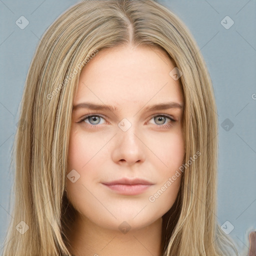 Neutral white young-adult female with long  brown hair and brown eyes