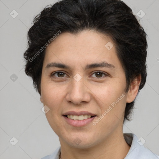 Joyful white adult female with short  brown hair and brown eyes