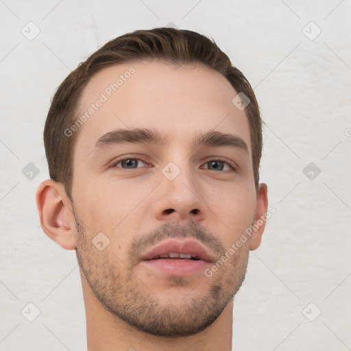 Neutral white young-adult male with short  brown hair and brown eyes