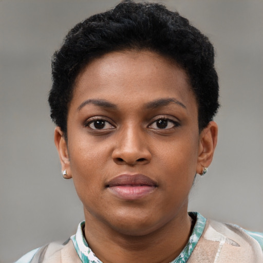 Neutral black young-adult female with short  brown hair and brown eyes