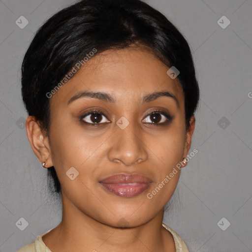 Joyful latino young-adult female with short  brown hair and brown eyes