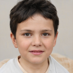 Joyful white child female with short  brown hair and brown eyes