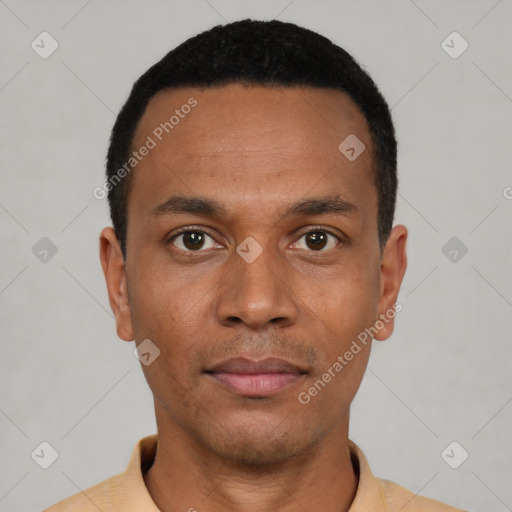 Neutral latino young-adult male with short  black hair and brown eyes