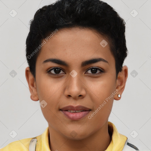 Joyful latino young-adult female with short  brown hair and brown eyes