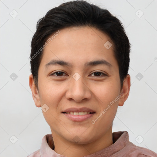 Joyful white young-adult female with short  brown hair and brown eyes