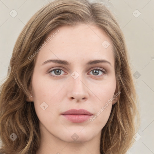 Joyful white young-adult female with long  brown hair and green eyes