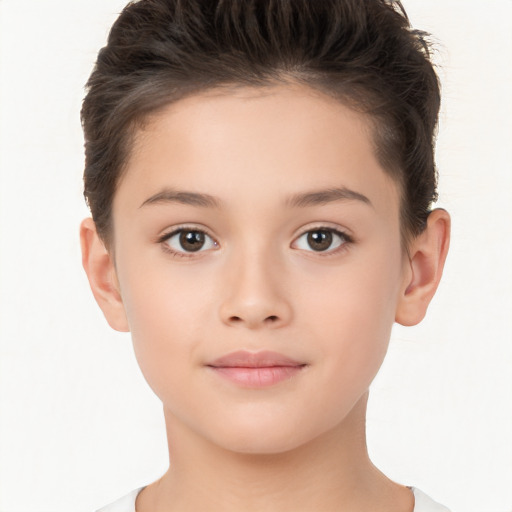 Joyful white child female with short  brown hair and brown eyes