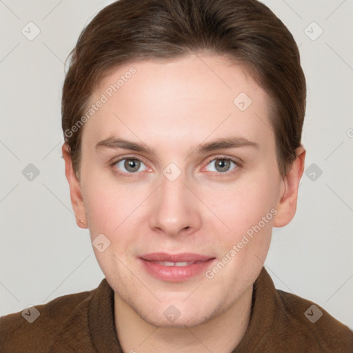 Joyful white young-adult female with short  brown hair and grey eyes