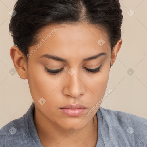 Neutral white young-adult female with short  brown hair and brown eyes